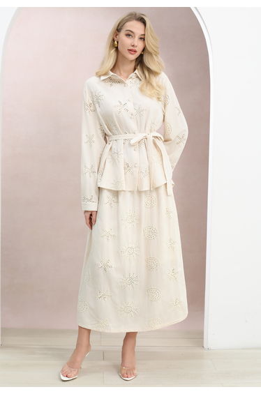 Ocean-Inspired Embroidery Cotton Shirt and Maxi Skirt Set in Cream for Beach Days & Resort Wear