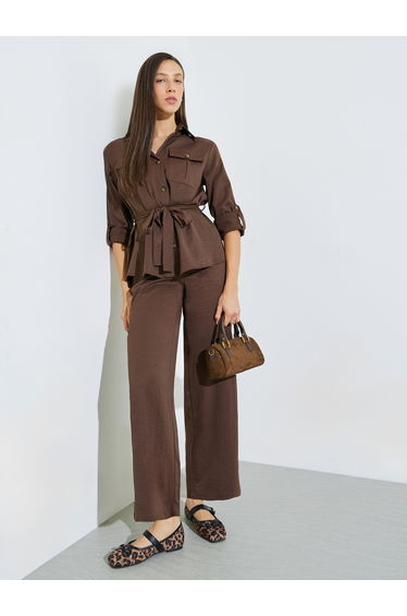 Brown Roll-Up Sleeve Pocketed Shirt and Pants Co-ord Set