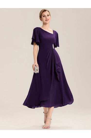 ever LILOU| Pleated Chiffon Ruffle Sleeve Wedding Guest Dress