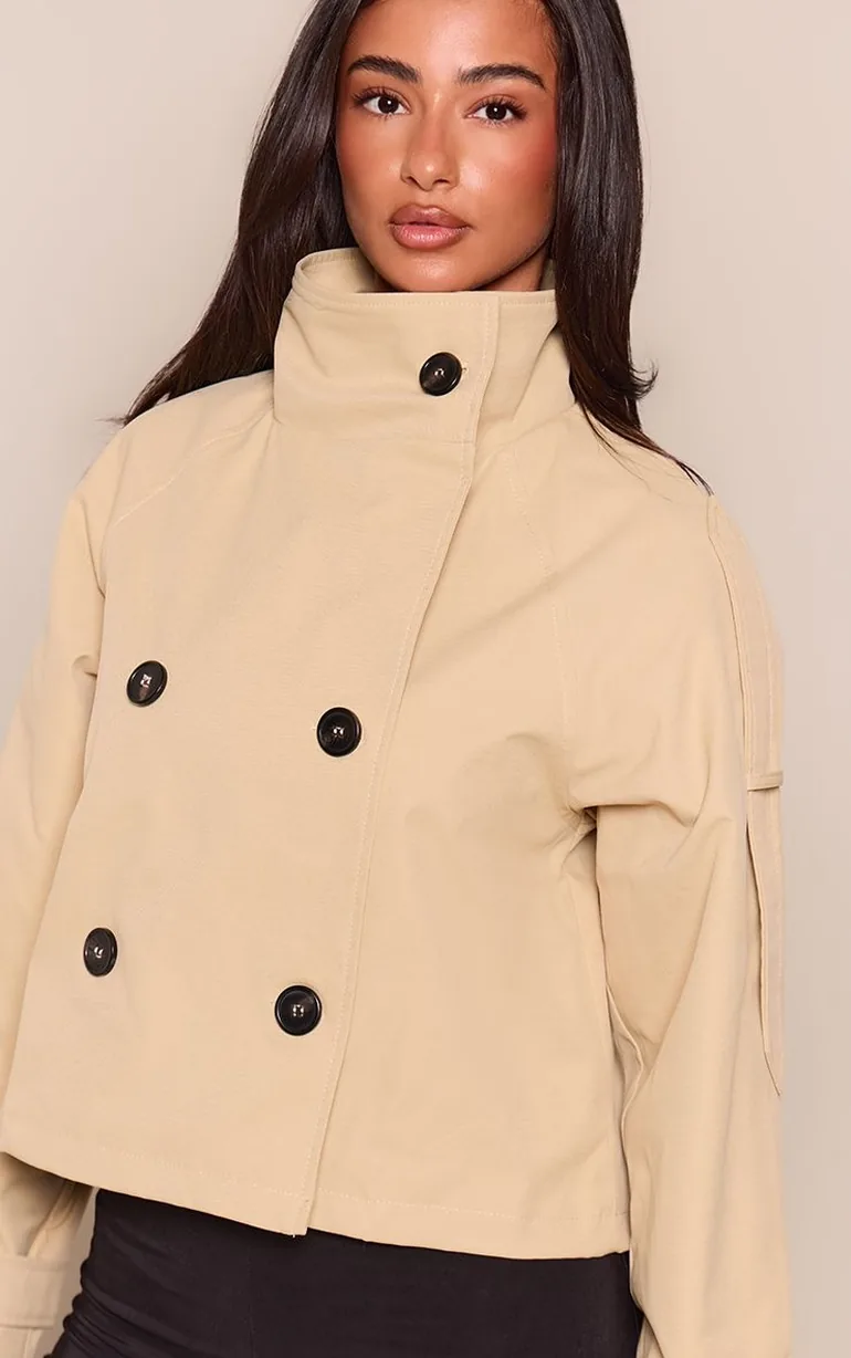 Petite Beige Double Breasted Funnel Neck Cropped Trench Coat - 1