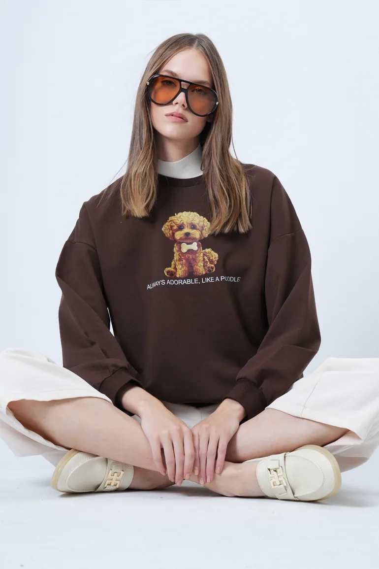 Women's brown front printed oversize cotton sweatshirt - 1