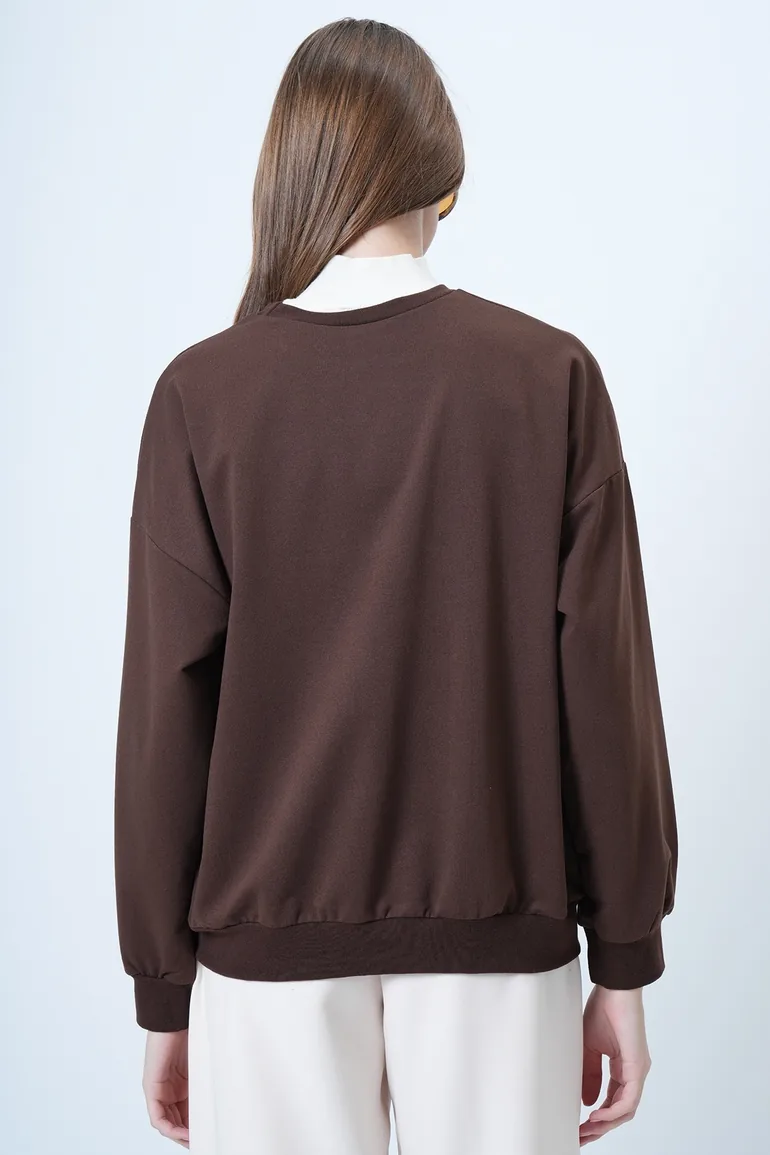 Women's brown front printed oversize cotton sweatshirt - 5