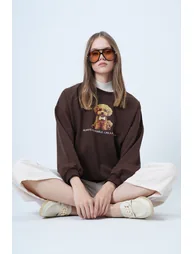 Women's brown front printed oversize cotton sweatshirt - 2