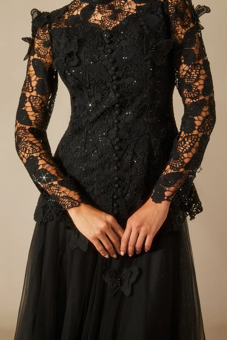 slim fit dress slacks Black Gold Lace And Crepe Jumpsuit