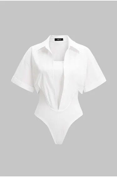 Solid Lapel Short Sleeve Bodysuit