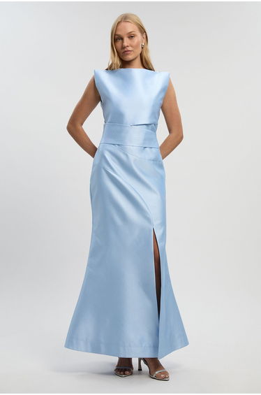 Satin Twill Draped Waist Structured Tailored Maxi Dress