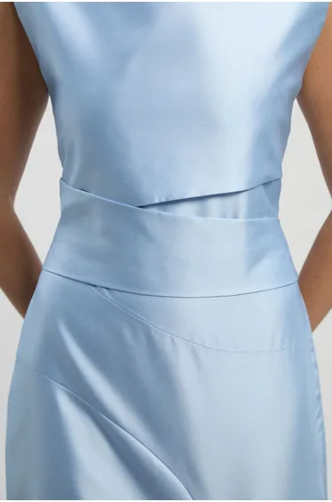 Satin Twill Draped Waist Structured Tailored Maxi Dress