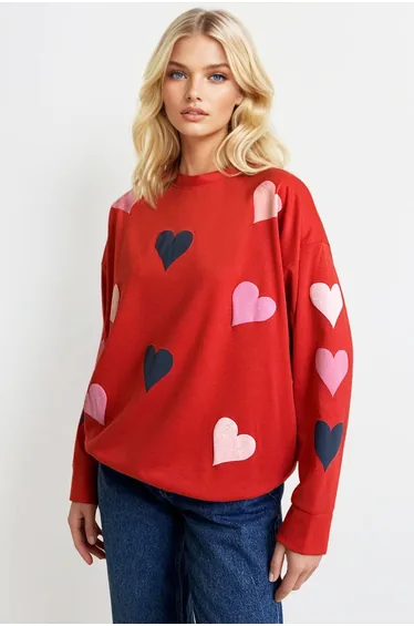 Women's Red Crew Neck Heart Printed 2 Yarn Oversize Sweatshirt