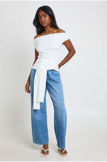 Tie Waist Of The Shoulder Top - ivory
