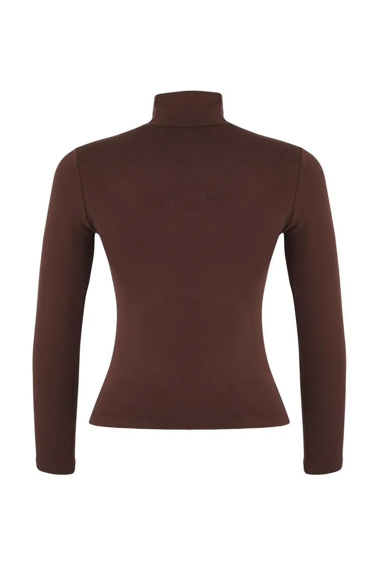 Brown Premium Soft Fabric Turtleneck Fitted/Fits Body Flexible Knit Blouse - 1
