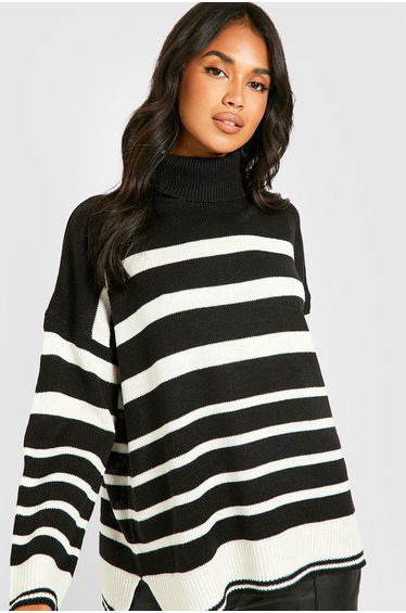 Stripe Roll Neck Jumper - black