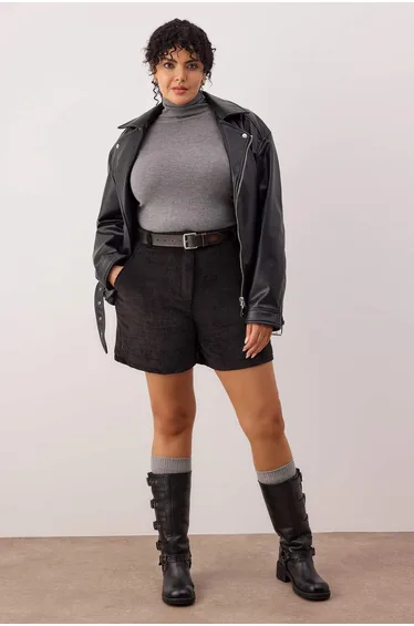 Black corduroy woven plus size shorts