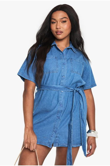 Plus Chambray Denim Tie Belt Dress - mid blue