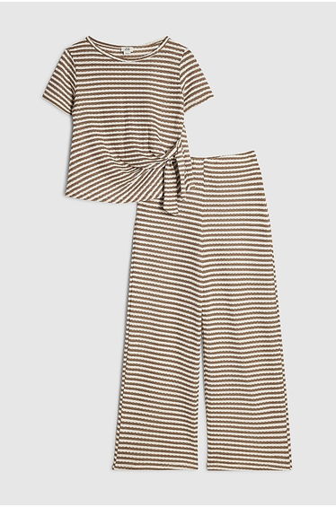 Girls Brown Striped Knot Front T-shirt Set