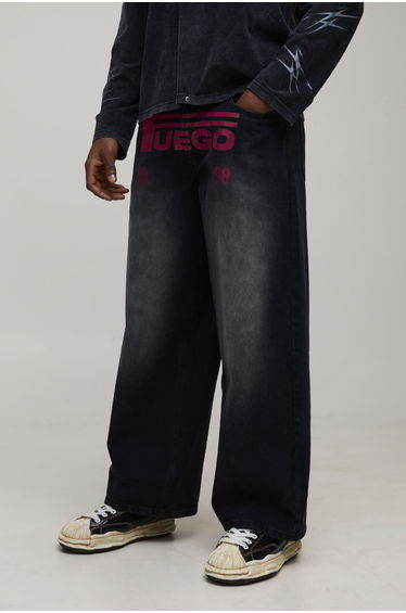 Baggy Fit Fuego Printed Washed Jeans - washed black