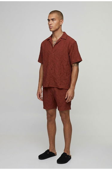 Palm Crinkle Oversized Shirt & Relaxed Short Set - burnt orange