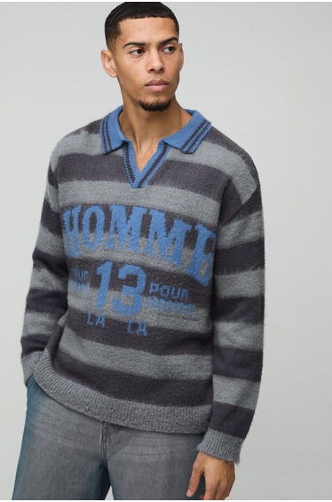 Oversized Brushed Striped V Neck Knit Polo