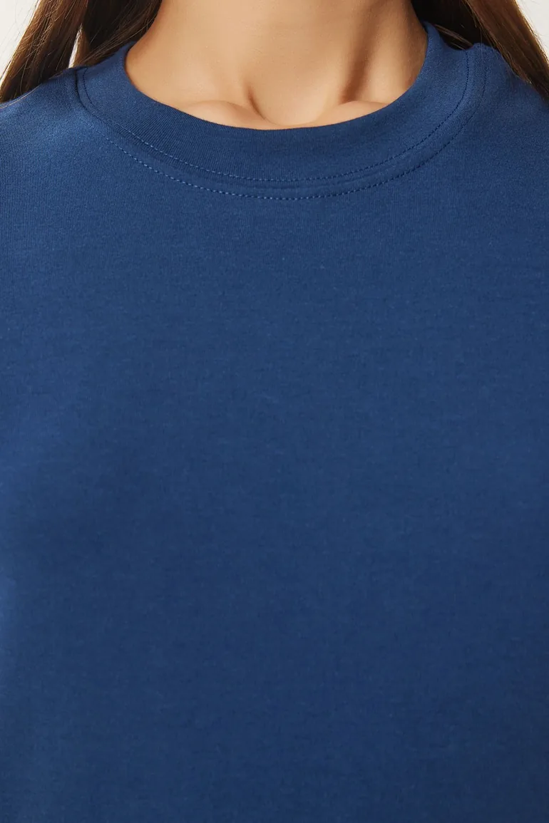 Women's Cobalt Blue Cotton Basic Knitted T-Shirt - 2