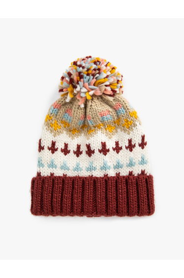 Knitted Beanie Patterned Pompom Detail
