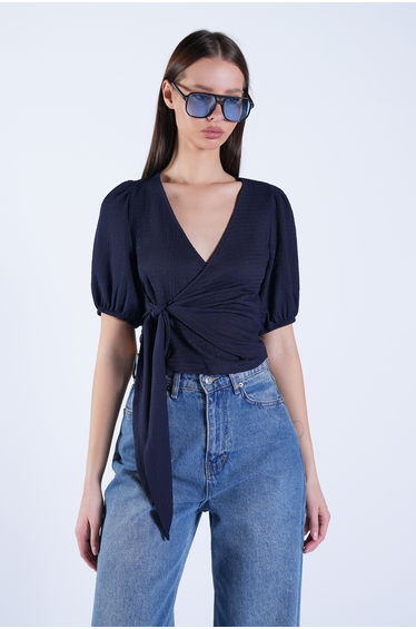 Women's Navy Blue Balloon Sleeve Double Breasted Waist Tie Blouse