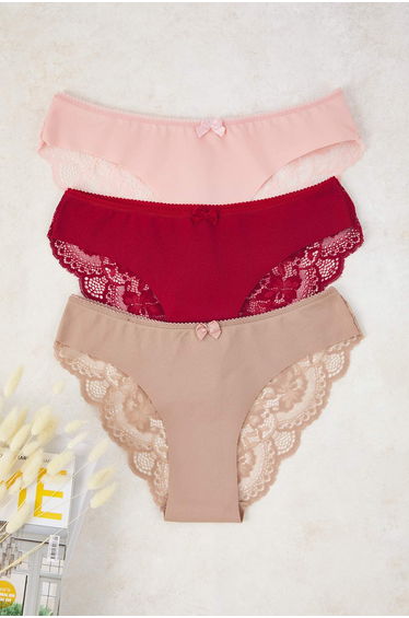 Purple-Multicolored 3-Pack Micro Brazilian Lace Detailed Plain Brazilian Panties