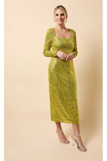 Lime Sequin Square Neck Midaxi Dress