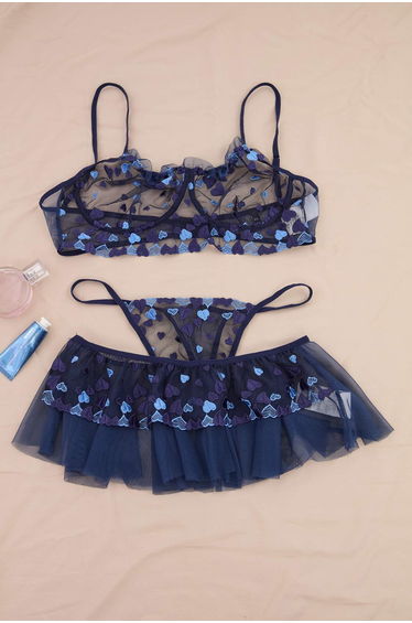 Navy Blue Heart Capless Fancy 3-Piece Set Plus Size Lingerie Set -