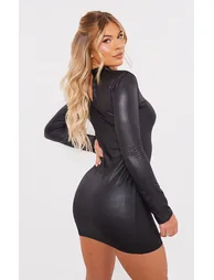 Black Shiny Long Sleeve High Neck Mini Dress - 1