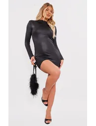 Black Shiny Long Sleeve High Neck Mini Dress - 2