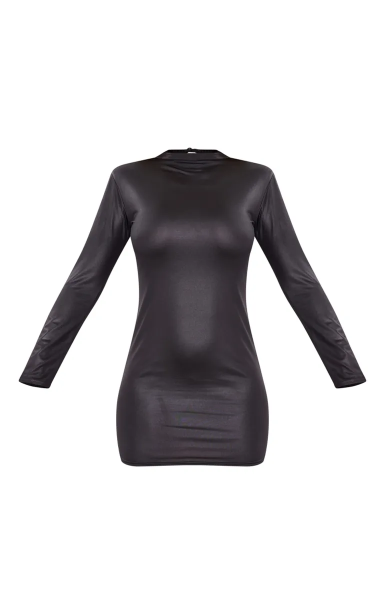 Black Shiny Long Sleeve High Neck Mini Dress - 4