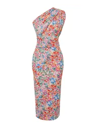 Multicolor Fitted One-Shoulder Asymmetric Gathered Detailed Knitted Midaxi Dress - 1