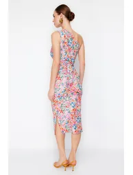 Multicolor Fitted One-Shoulder Asymmetric Gathered Detailed Knitted Midaxi Dress - 6