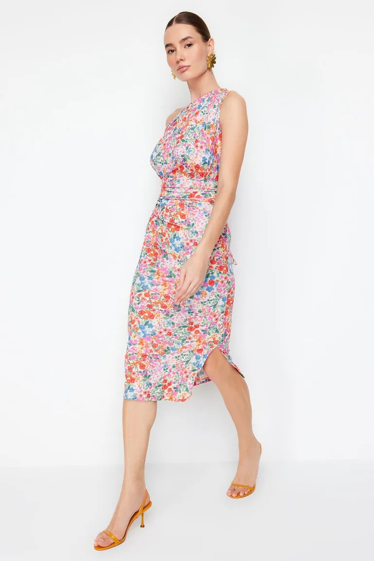 Multicolor Fitted One-Shoulder Asymmetric Gathered Detailed Knitted Midaxi Dress - 3