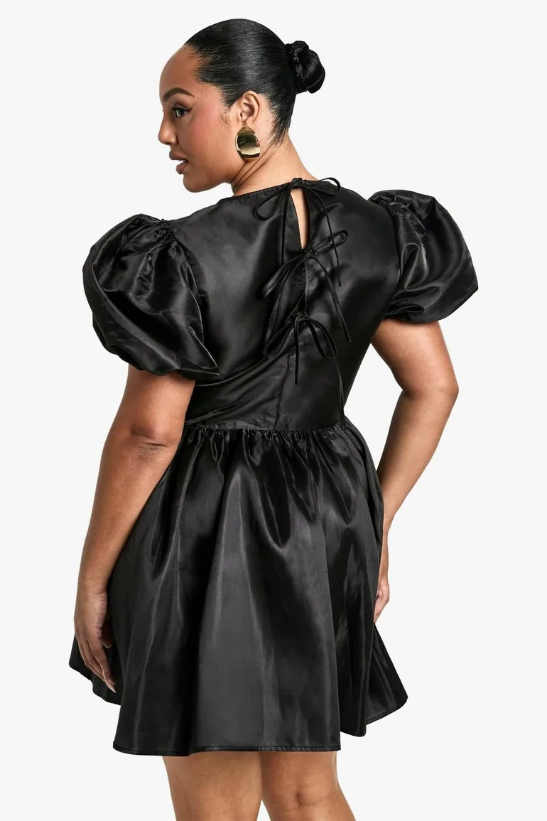 Plus Bow Back Puff Sleeve Smock Dress - black - 1