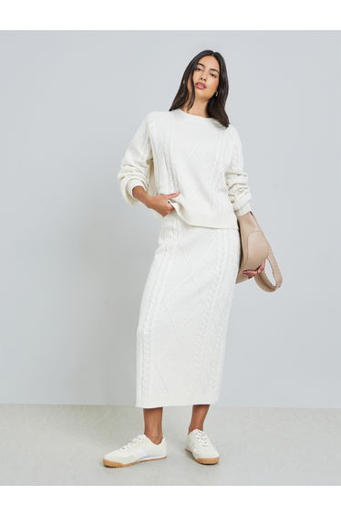 Off-White Cable Knit Sweater and Skirt Co-Ords