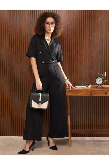 Women Black Straight Leg Buttoned Jumpsuit
