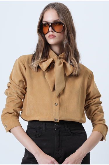 Women's Mustard Self-Belted Oversized Velvet Shirt