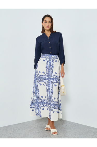 Women Blue Print Midi A-Line Skirt