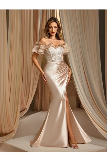Leely Elegant Off-the-Shoulder Beaded Corset Ruffled Sleeve High-Slit Train Formal Evening Dress