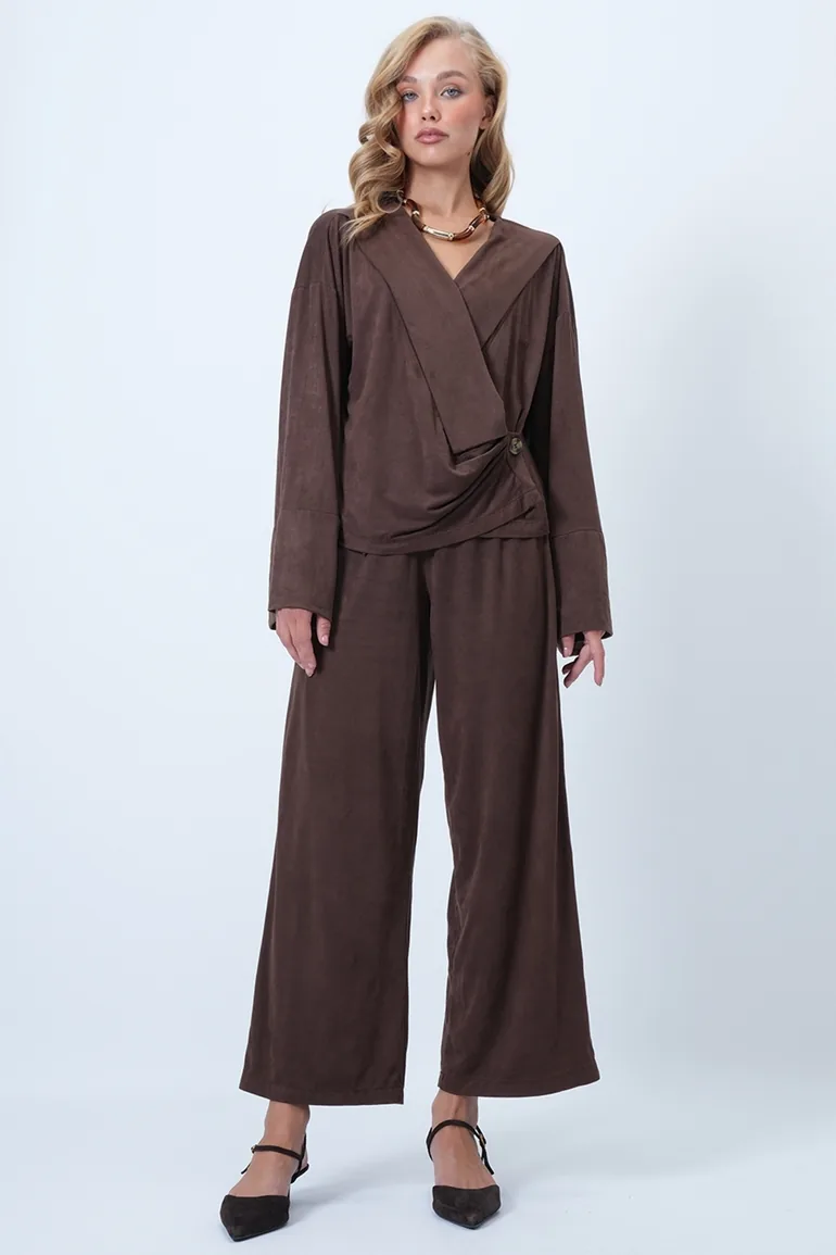 Women's painful brown double breasted v-neck wide cut design suede blouse and pants set - 1