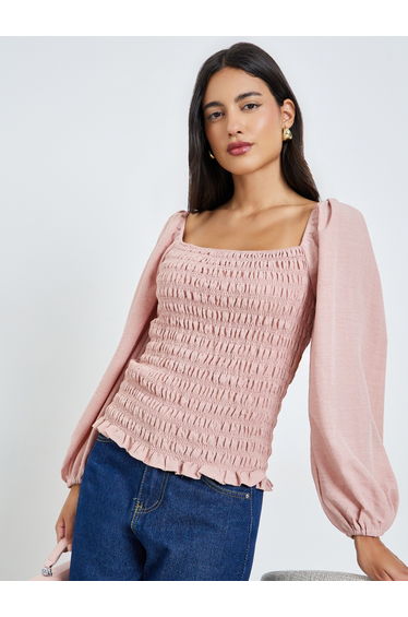 Pink Smocked Detail Balloon Sleeve Blouse