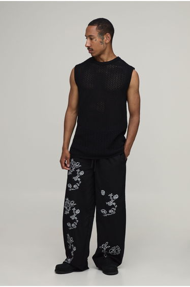 Baggy Fit Linen Blend Small Floral Embroidery Trousers - black