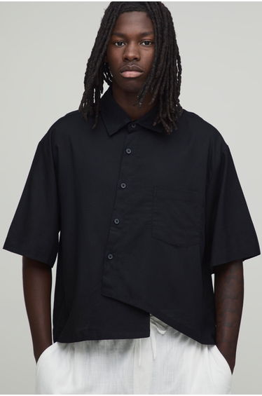 Oversized Boxy Asymmetric Linen Half Sleeve Shirt - black
