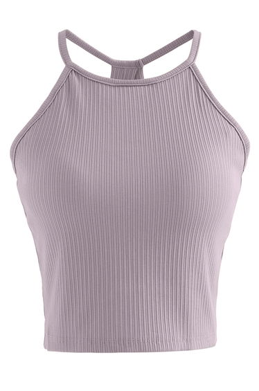 Halter Neck Racer Back Ribbed Top in Lilac