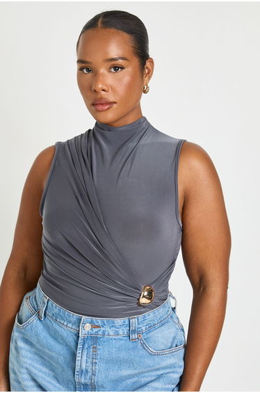 Plus Ruched Drape Gold Trim Sleeveless Bodysuit - charcoal