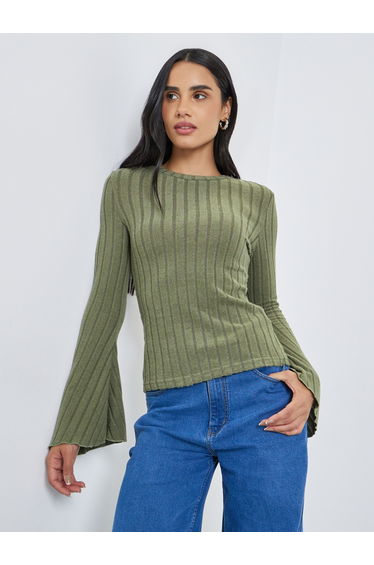 Textured Flared Long Sleeve Knit Top