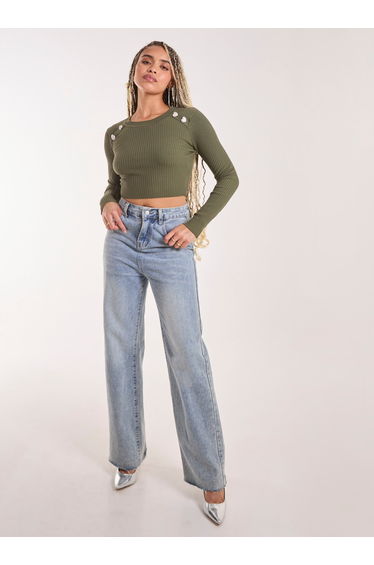 Heart Embellishment Rib Knit Top