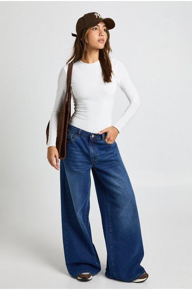Double Layer Slinky Long Sleeve Crew Neck Bodysuit - white
