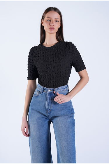 Black Crew Neck Short Sleeve Seersucker Fabric Blouse