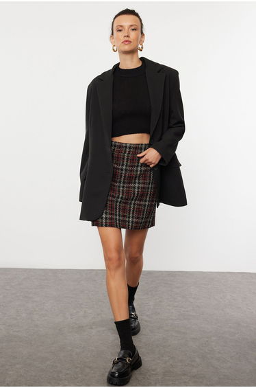 Black Plaid Patterned Tweed Fabric Mini Woven Skirt